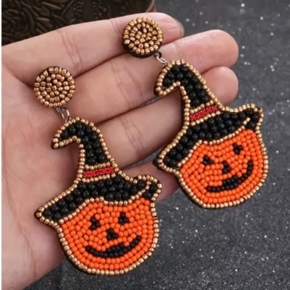 Seed Bead Jack O Lantern Pumpkin Earrings With Witch Hat- Halloween- Fall